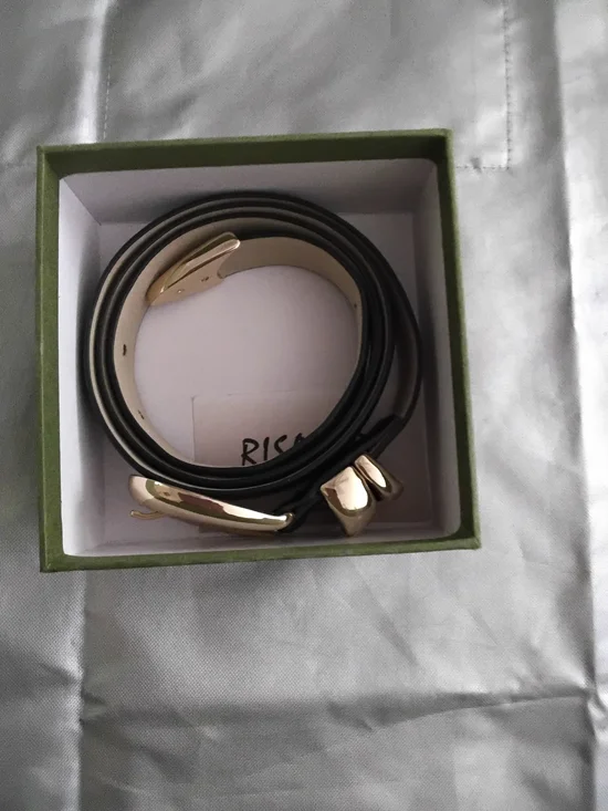 Women's Black Leather Belt with Gold Buckle - Picture 4 of 5